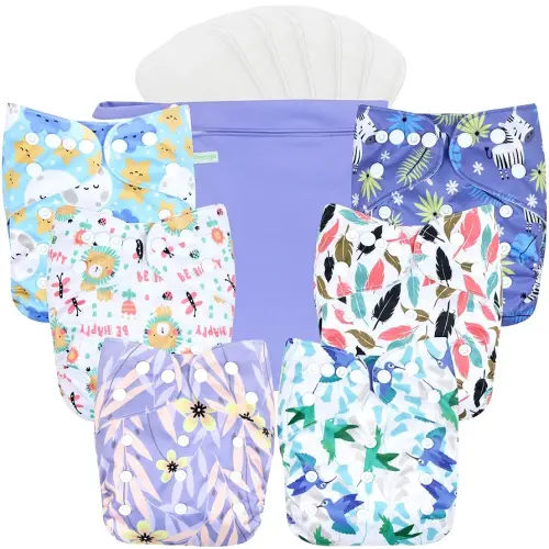 wegreeco Cloth Diapers 6 Pack with 6 Inserts & 1 Wet Bag, Washable Cloth Diapers for Babies, One Size Adjustable Reusable (Leaves, Animals)