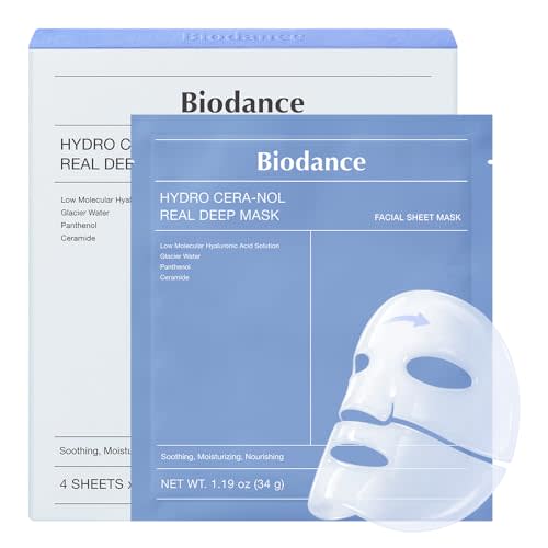 BIODANCE Hydro Cera-nol Real Deep Mask, Hydrating Overnight Hydrogel Face Mask, Moisturizing, Redness Reducing, Quick Soothing, After Sun Care, Sunburn Relief, Korean Skin Care |1.19oz(34g) x4ea