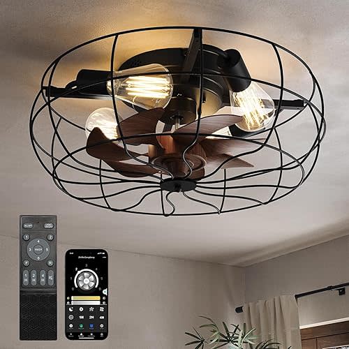 CubiCubi Caged Ceiling Fans with Lights, 20" Industrial Low Profile Fandelier with Remote and APP Control, Ultra Quiet 6 Wind Speed Small Farmhouse Ceiling Fan for Bedroom, Dining Room