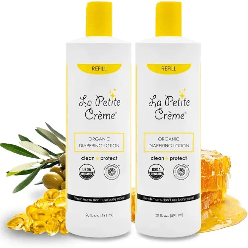 La Petite Creme French Premium Diapering Lotion - Diaper Cream Alternative to Baby Wipes - Moisturizer & Skin Cleanser - USDA Certified Organic Ingredients - Baby Essentials (2 Bottles of 20 oz)