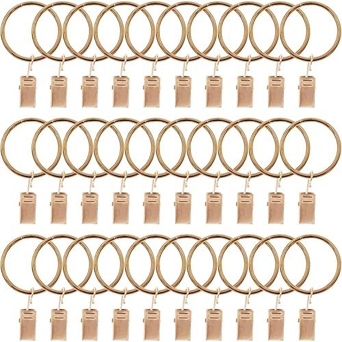 Curtain Ring with Clips,Iron Drapery Clips Hooks,TTZEZE Rustproof Curtain Clip Rings Hooks,30PCS Curtain Hooks for Curtain Rod Dia.25mm/0.98'' THK 3.5mm/0.14'', Rose Gold