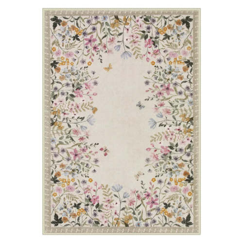 Solene Washable Modern Blooming Floral Garden Beige Rug