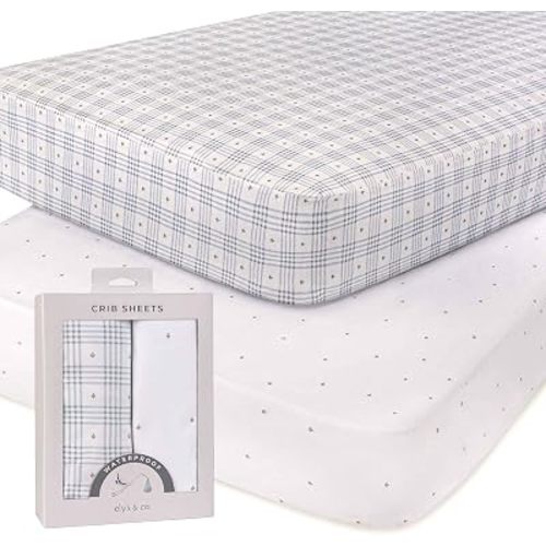 Ely's & Co. Waterproof Crib Sheets 2 Pack Baby Boy Blue Floral Plaid – Cotton Fitted Sheets for Crib and Toddler Mattress with TPU Lining