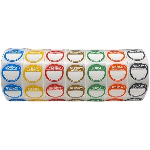 Removable Day Label - 1 inch - Peel Tab - Week (Mon-Sun) (7000 Stickers) - Food and Restaurant Day Dots - FIFO - Inventory Management Labels - Meal Prep Stickers