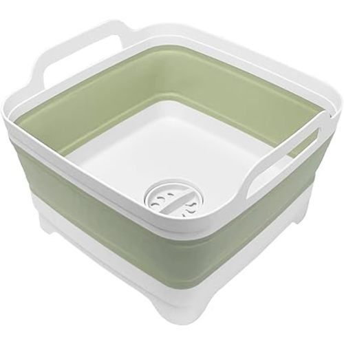 2.4 Gal(9L) Collapsible Dish Basin with Drain Plug, Space Saving Outdoor Multiuse Foldable Sink Tub, Dishpan, Kitchen Storage Tray for Camping, Vegetable Washing, RV (Green)