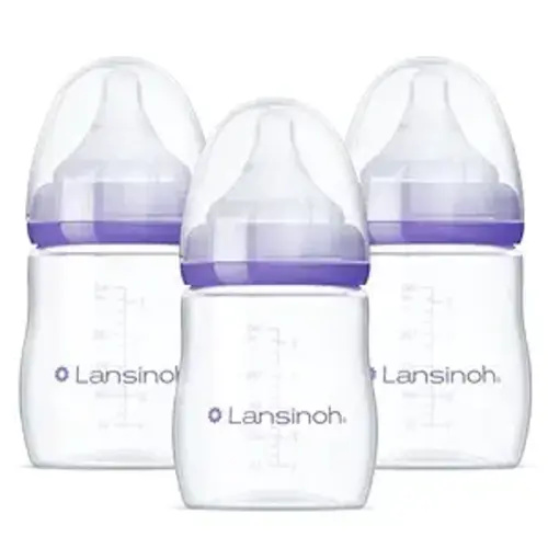 Lansinoh Anti-Colic Baby Bottles, BPA-Free Plastic, 5 Ounces, 3 Count, Slow Flow Nipples (Size S), Breastfeeding Bottle with NaturalWave Design, Baby Essentials