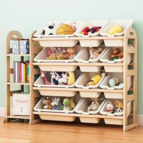 Toy Storage Organizer, Wooden Toy Organizers and Storage with Bookshelf, Toy Storage Shelf with 3 Shelves and 12 Storage Bins, Kids Bookshelf for Playroom, Nursery, Bedroom , Bookcase for Kids, White