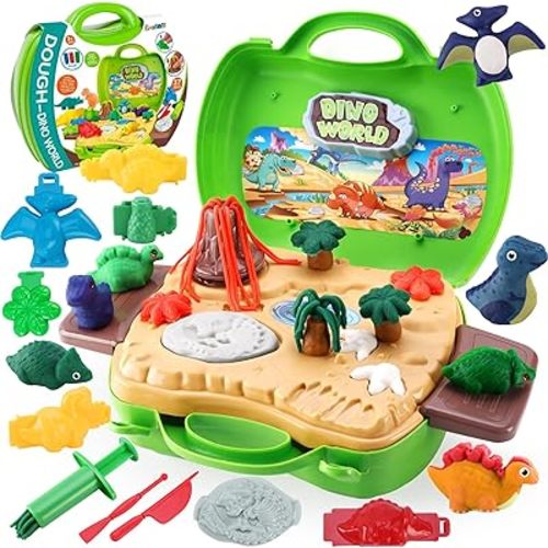 Dinosaur Color Dough Toys, 37 PCS Dino Theme Color Tools and Molds Accessories for Boys Girls Christmas Halloween Party Gift