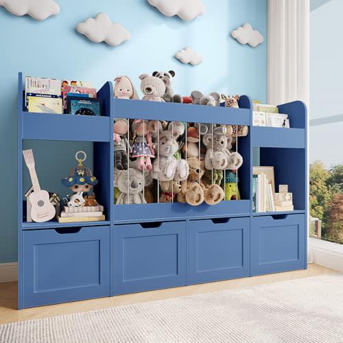 63"W Toy Storage Organizer, 132L Stuffed Animal Holder with 4 Rolling Drawers, 3-Tier Kids Bookshelf and 2 Storage Cubes, 4-in-1 Plush Toy Shelf for Playroom, Toddler Bookcase for Nursery, Blue