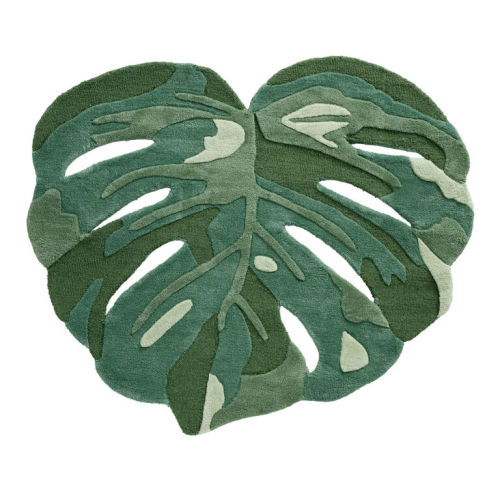 Tonal Green Monstera Leaf Shaped Tufted Wool Area Rug