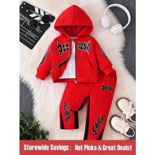 SHEIN 2pcs Baby Boys Hoodie Jacket Embroidered Pants Set Red White Stripe Summer Street Life Casual Cowboy Graphic Street Fashion Beach Photoshoot Autumn