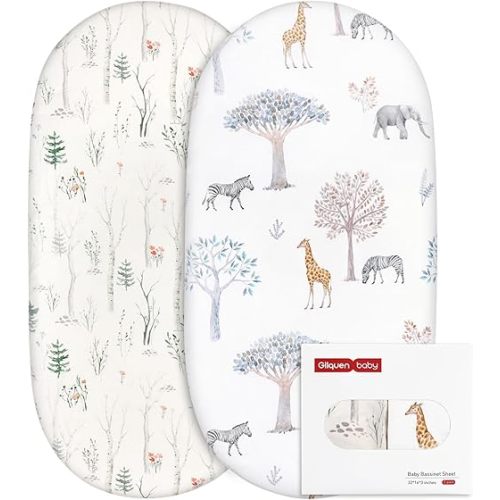Gllquen Baby Bassinet Crib Sheets Set, Breathable Cozy Fitted Mattress Sheet, Elastic Travel Crib Fashionable Floral Pattern, Standard Cradle Safe Sheets for Baby Boy Girls 32"X16" (Forest)