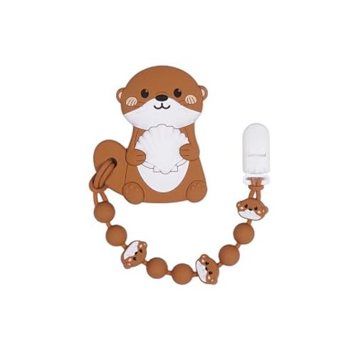 Cute Animal Baby Food Grade Silicone Teether Toy with One Piece Design Pacifier Clip Holder,Teething Toys Gift Set for 3 Months+ Boys and Girls,Freezer Safe,BPA Free (Otter)