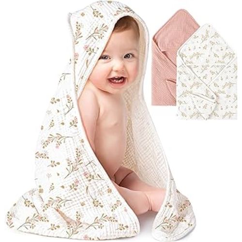 Konssy 2-Pack Muslin Hooded Baby Towels, 100% Cotton, Ultra-Soft & Absorbent Baby Bath Towels with Hood for Newborn & Infant (Pink, Floral,37.5" x 37.5")