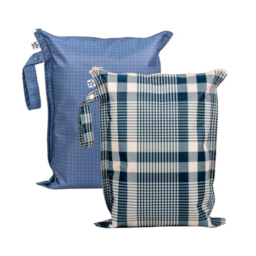 Tiny Twinkle Mess Proof Wet Bags | 2-Pack Reusable Waterproof Wet Bags for Swimsuits | Baby Clothes | Travel & Diaper Bag (Gingham,Grid)