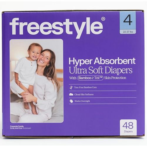 Freestyle BambooTek Diapers – (Size 2) Hyper Absorbent & Non-Toxic – Disposable Diapers for Sensitive Skin – Ultra Soft Diapers (12-18 lbs) – 192 Count