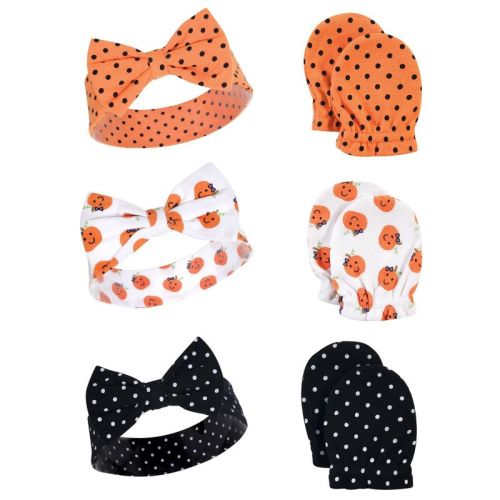 Hudson Baby Infant Girls Cotton Headband and Scratch Mitten 6pc Set, Halloween Dots, 0-6 Months