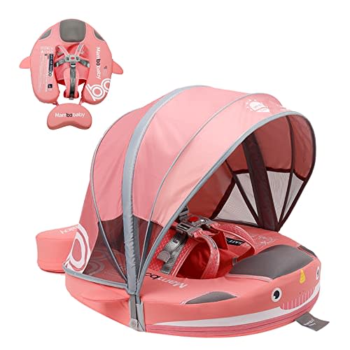 Mambobaby Floats with Canopy &Tail, Non-Inflatable Baby Float for Pool Add Tail Avoid Flip Swim Trainer Baby Floats for Toddler Boys Girls(Narwhal-Pink)