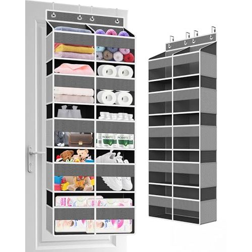 Clothink Over The Door Organizer Multi Pocket,5 Tier Large Hanging Shelf for Storage Kids Toys, Diapers, Clothes,Yarn,Heavy Duty Behind Door Storage for Bedroom Bathoom Nursery Closet Pantry,Gray
