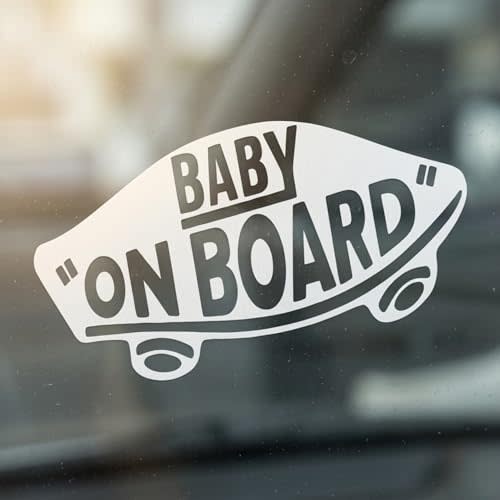 2 PCS Baby on Board Stickers for Window, Laptop, Bottle and Book | Skateboard Style Vinyl Car Decals, White Safety Warning Bumper Stickers for Cars and Trucks, Waterproof Automotive Decal.