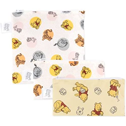 Bumkins Disney Reusable Sandwich and Snack Bags, for Kids School Lunch and for Adults Portion, Washable Fabric, Waterproof Cloth Zip Bag, Travel Pouch, Food-Safe Storage, 3-pk Winnie the Pooh