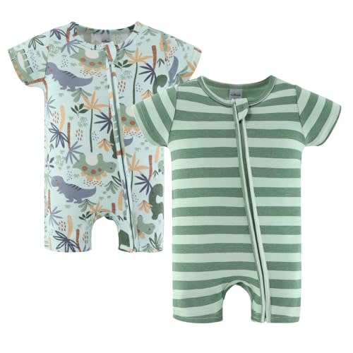 The Peanutshell Baby Boy Rompers 2 Pack - 100% Cotton Clothes, Rompers for Newborn, Infant, and Baby Boy - Green Dino