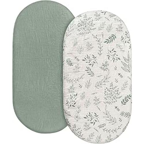 Muslin Bassinet Fitted Sheets 2 Pack, Soft Breathable Cotton Baby Bassinet Mattress Sheet Set, 360° Elastic Snug Fit, Universal for Oval, Rectangle (Bright Leaves, Bassinet Sheets 2 Pack)