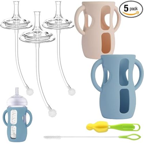 Straw Cup Conversion Kit with Silicone Sleeves for Avent Natural Glass Baby Bottle 8oz, Toddler Sippy Cups Transition Kit w Anti Breakage Bottle Holder Compatible with Philips Baby Bottles, Pink Cream