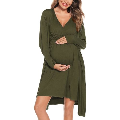 SWOMOG Women Maternity Nursing Gown and Robe Set 3 in 1 Labor Delivery Nursing Nightgown for Breastfeeding Hospital Bathrobe