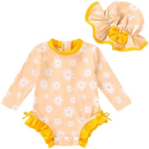 Infant Baby Swimsuit Girl Long Sleeve UPF 50+ Sun Protection One-Piece Rash Guard with Hat Zipper Bathing Suit