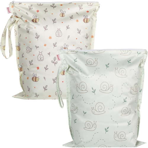 HECCEI Wet Dry Bag, 2-Pack Reusable Waterproof Wet Bags Leakproof Cloth Diaper Wet Bags for Travel & Diaper Changes, Garden Friend