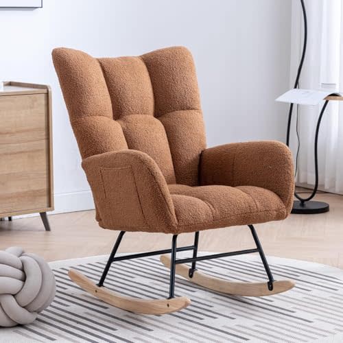 ETCZOYE Nursery Rocking Chair Teddy Upholstered Glider Rocker Rocker Accent Chair with High Backrest Armchair Comfy Side Pocket Modern Rocking Accent Chairs for Living Room, Nursery, Office-Brown