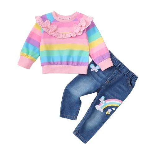 Kucnuzki Toddler Baby Girl Clothes Long Sleeve Hoodie Crewneck Sweatshirt Denim Jeans Pants Fall Winter Baby Girl Outfit