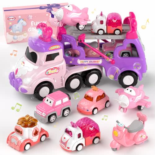 usrela Cars Toys for 2 + 3 + Year Old Girl, 7-in-1 Princess Transport Carrier Trucks for Toddlers Girl 2-4, Friction Power Toy Cars with Lights & Music, Birthday Gift for Girls Age 2 3.