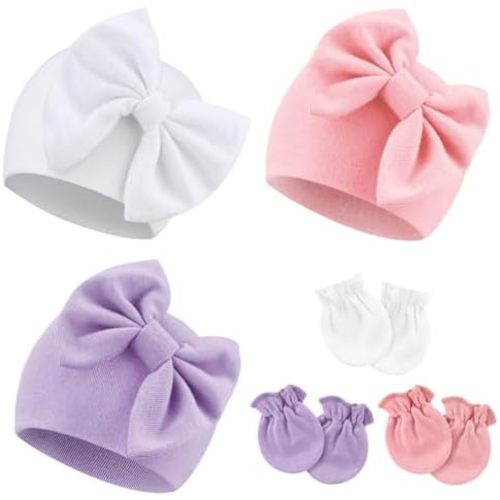 Newborn Baby Hats and Mittens Set Infant Bow Beanie Cap Toddler Gloves Newborn Hospital Hats for Baby Boy Girl Kid 0-6 Months