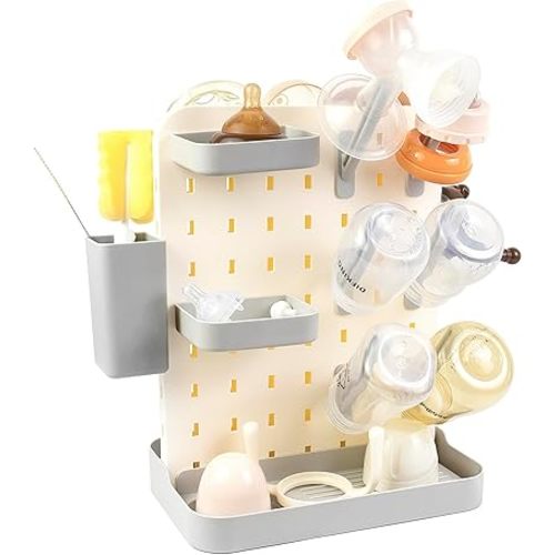 Baby Bottle Drying Rack Space Saving Countertop Vertical Rack with Brushes Holder (Gray)