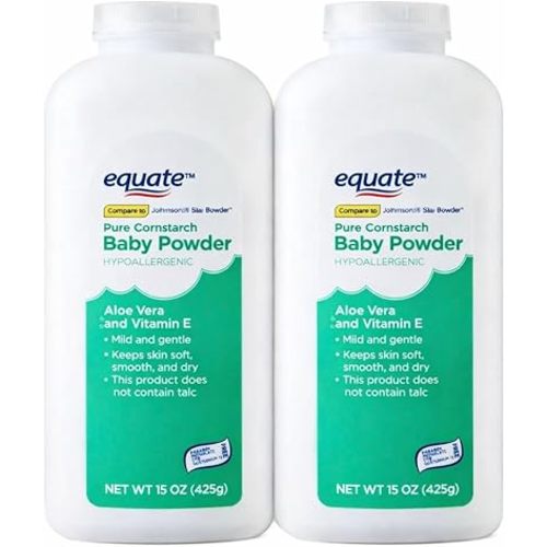 Equate Pure Cornstarch Baby Powder. Talc Free. Hypoallergenic with Aloe Vera and Vitamin E. (15oz Pack of 2)