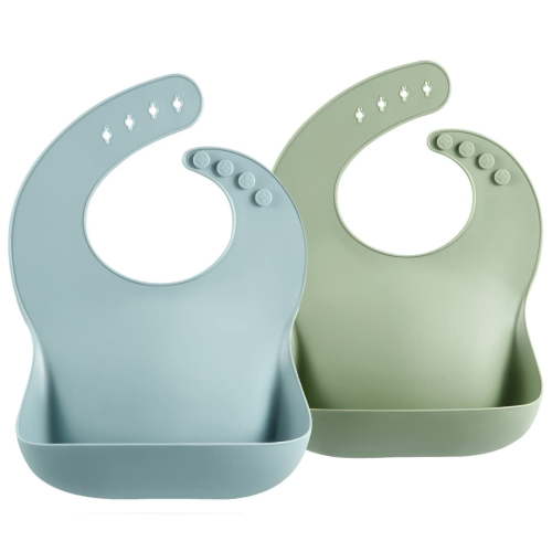 Set of 2 Cute Silicone Bibs for Babies & Toddlers (10-72 Months) Waterproof, Soft, Unisex - Blue/Green