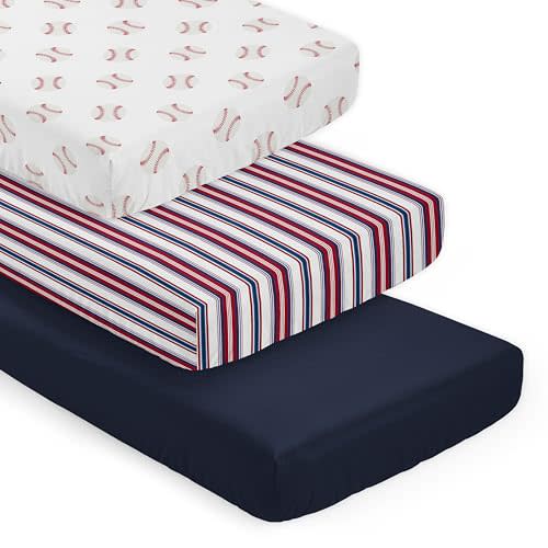 Sweet Jojo Designs 3-Piece Baby Crib Sheets Set (Baseball Sports) for Boys, Infant Nursery, Toddler Room - Fitted, Standard Size (Red, White and Blue Stripes, Solid Navy & Americana Sport Baseballs)