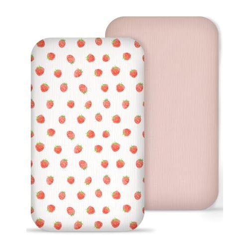 Muslin Bedside Bassinet Sheets 2 Pack, 33x20 Fitted Ultra Soft & Breathable Bedside Sleeper Sheets, Ideal for Baby Girl and Boy, Perfect for Newborns (Strawberry & Pale Pink)