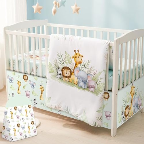Hahafelt 4 Pieces Crib Bedding Set for Girls and Boys, Soft Baby Bedding Set Including Crib Skirt, Comforter, Sheet and Diaper Stacker for Nursery(Western Cowboy)