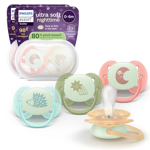 Philips Avent Ultra Soft Nighttime Pacifier, 0-6 Months, BPA-Free, 4-Pack | Glow in the Dark, Flexible Shield, Fewer Skin Marks, Food Grade Silicone, 2 Sterilizing Cases, SCF094/07