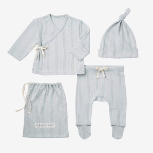 Pale Blue Organic Cotton Pointelle Layette 3 Pc Gift Set