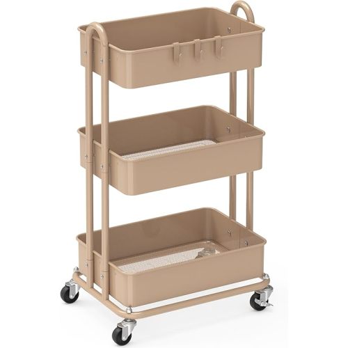 Simple Houseware 3-Tier Heavy Duty Metal Utility Rolling Cart, Khaki