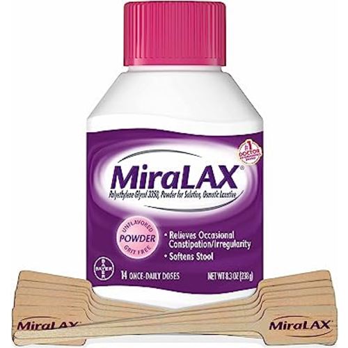 MiraLAX Laxative Powder, Gentle Constipation Relief for Adults, Stool Softener with PEG 3350, Nonstimulant Laxative, No Harsh Side Effects, Includes Stirrer, 14 Dose
