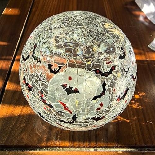 Halloween Glass Globe Light with Crackled Crystal Effect, LED Bat Blood Design Tabletop Decorative Lamp for Home Garden Party