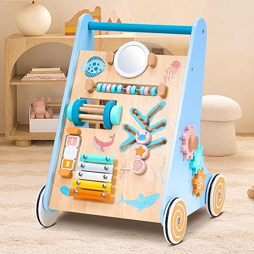 Wooden Baby Walker Push and Pull Learning Activity Walker, Baby Push Walker with Multiple Activities Center, Baby Walker for 1 Year Old Push Toy, Blue