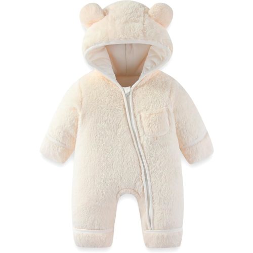 Newborn Baby Bear Outfit With Fold-Over Mittens and Footies Girls Boys Winter Fleece Clothes Hooded Romper Snowsuit