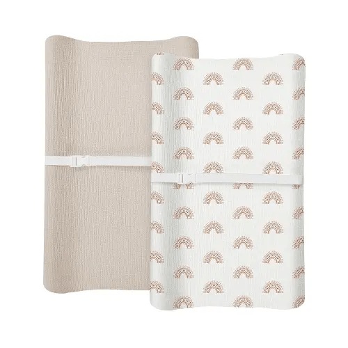 Changing Pad Cover for Baby Boy Girl 2 Pack, Muslin Changing Table Pad Covers with Boho Style, Neutral Nursery Bedding Essentials Soft and Breathable(Beige & Rainbow)