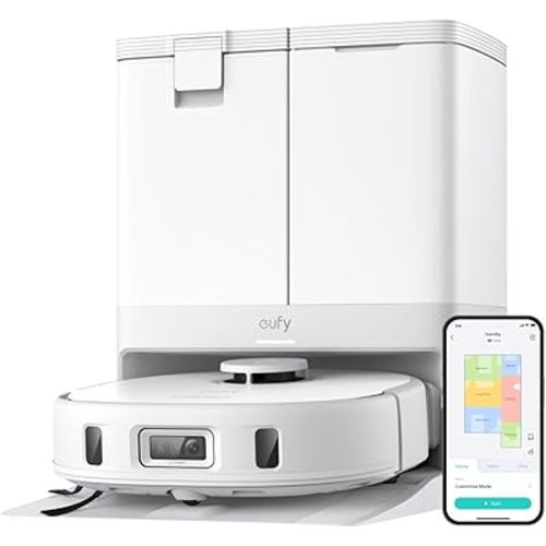 eufy X10 Pro Omni Robot Vacuum and Mop Combo, 8,000 Pa Suction, Dual Mops with 12 mm Auto-Lift and Carpet Detection, AI Obstacle Avoidance, Auto Mop Washing, Auto Drying, Self-Emptying, White